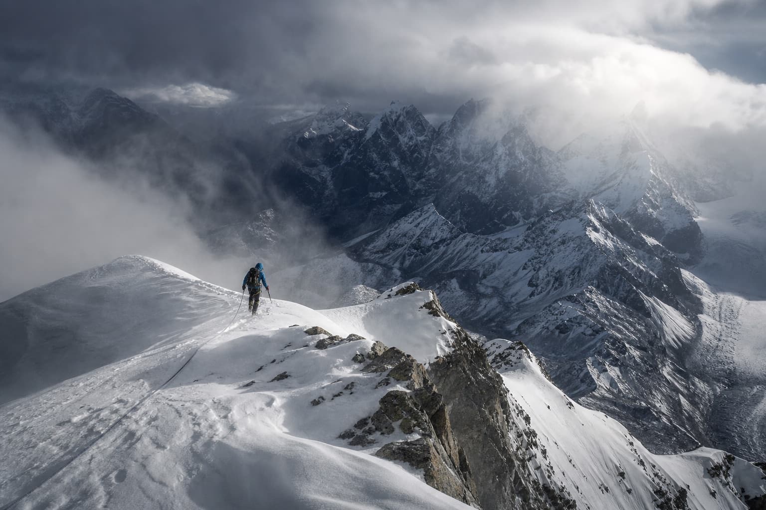 Climber crossing an exposed snowy mountain ridge