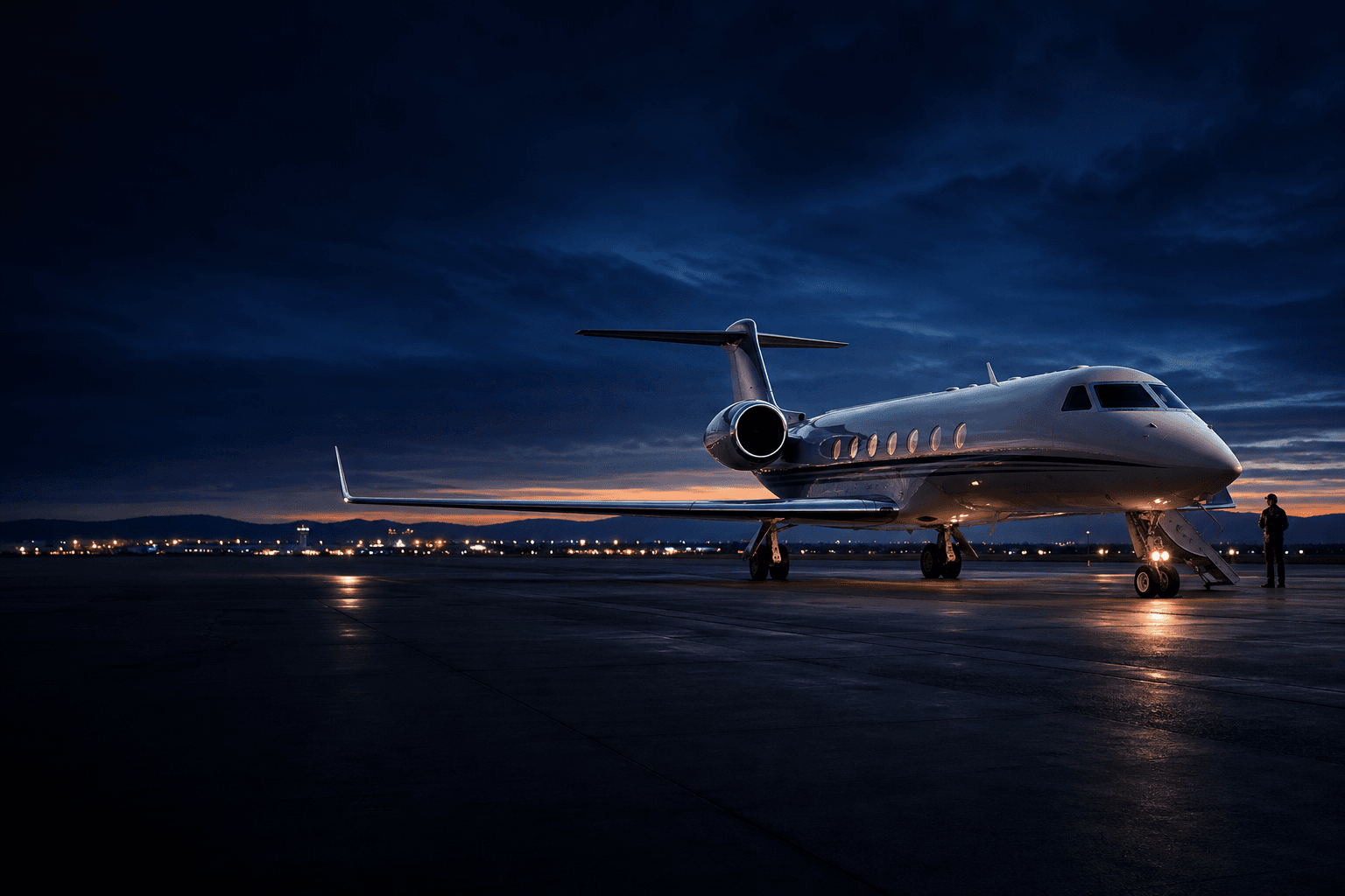 Executive aircraft prepared on an airfield at blue hour