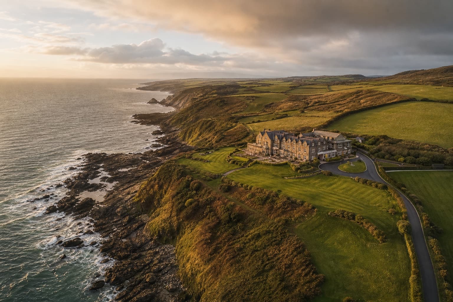 Coastal property and landscape photographed from above