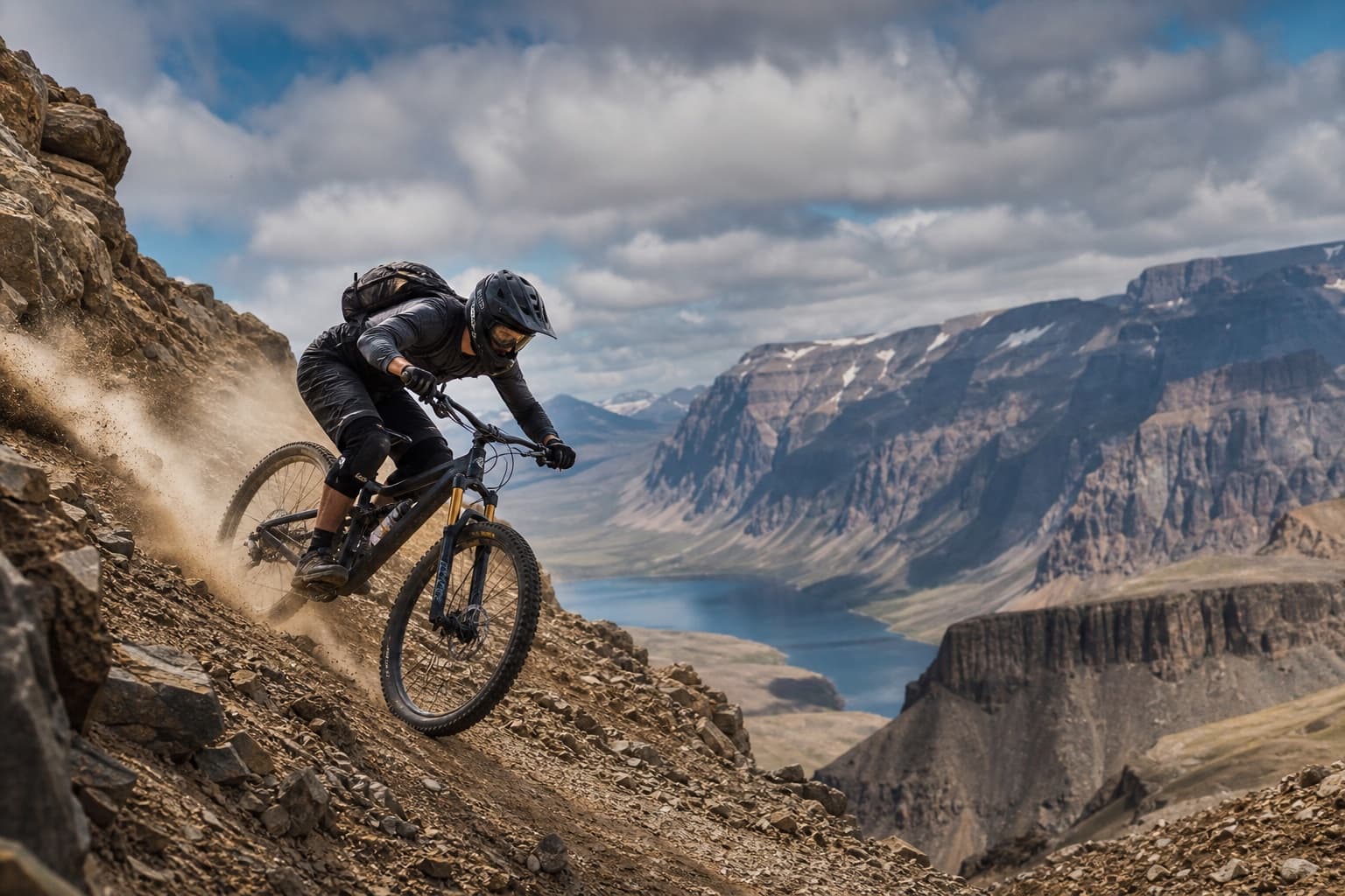 Mountain biker descending a steep rocky trail