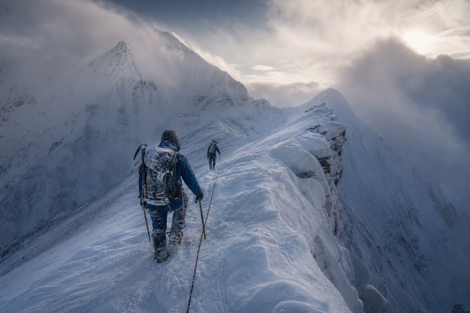 Mountaineers moving together across a severe snowy ridge