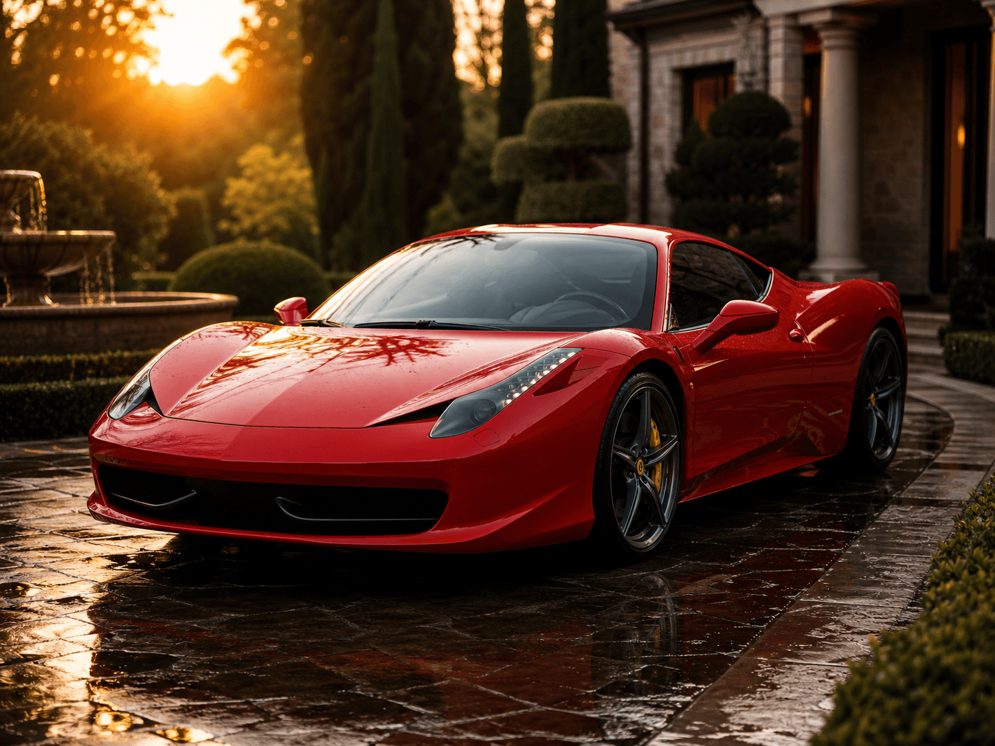 Red supercar photographed at golden hour outside a private residence