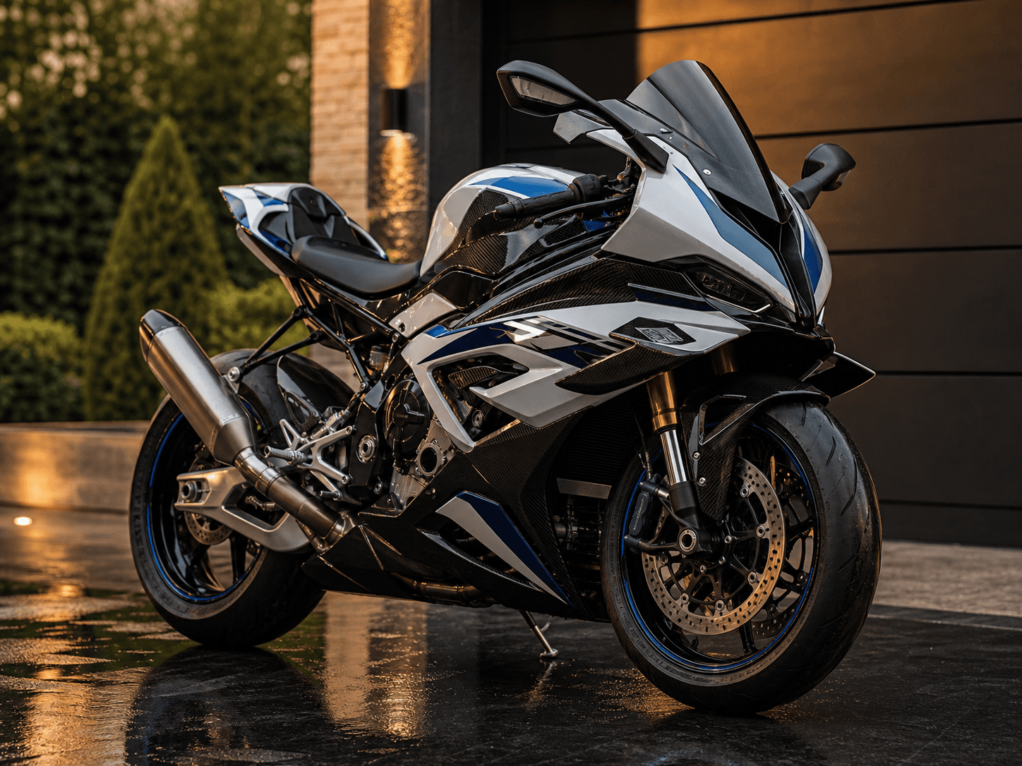 Performance superbike photographed after detailing at golden hour