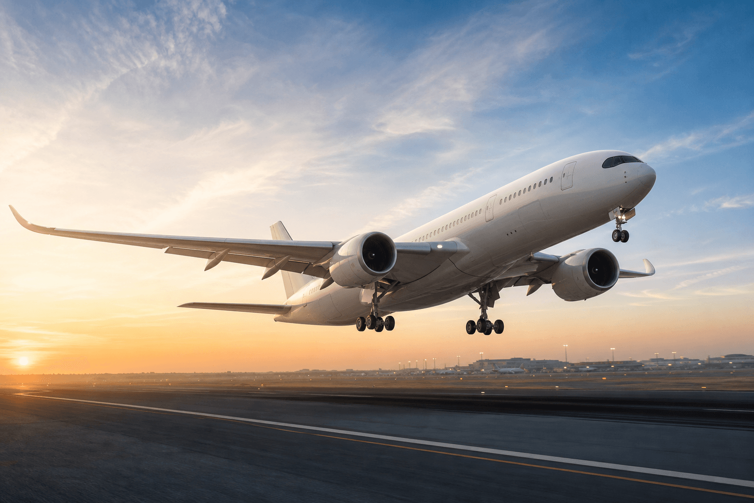 Commercial airliner lifting over a runway at sunrise
