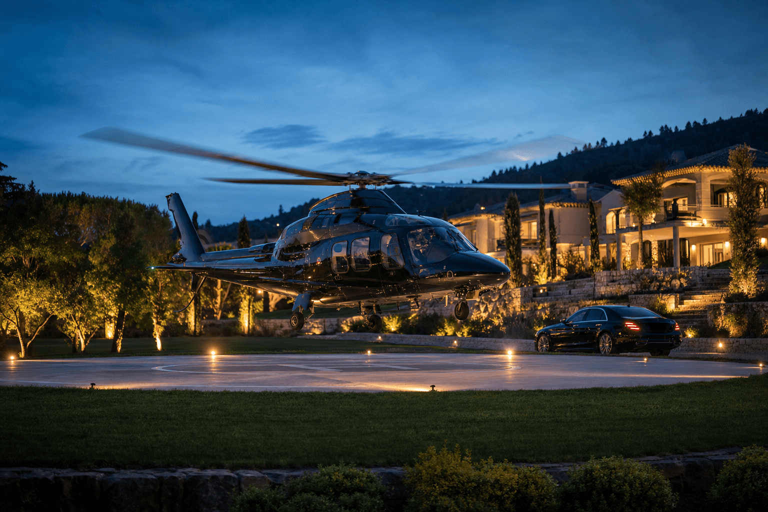 VIP helicopter landing beside a luxury resort at dusk