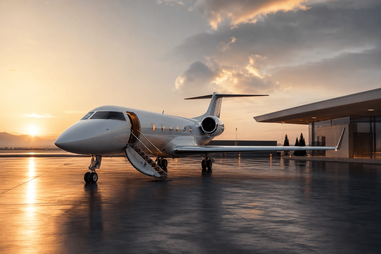Luxury private jet prepared beside a premium terminal at golden hour