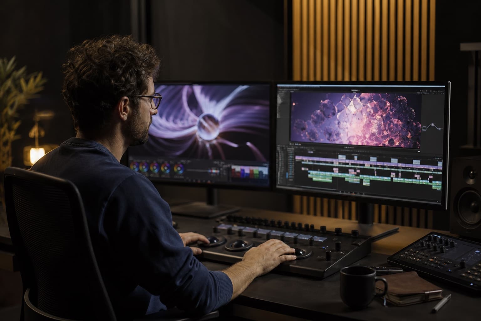 Editor shaping a story in a colour grading suite