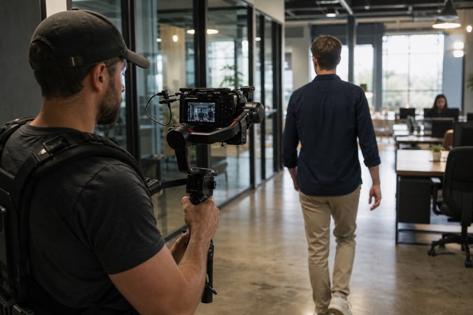 Filmmaker following a subject through a workplace with a gimbal