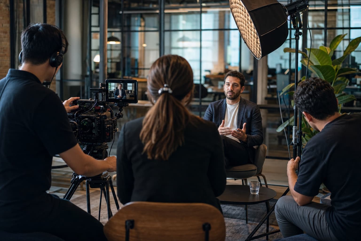 Professional crew filming a founder interview in a workplace