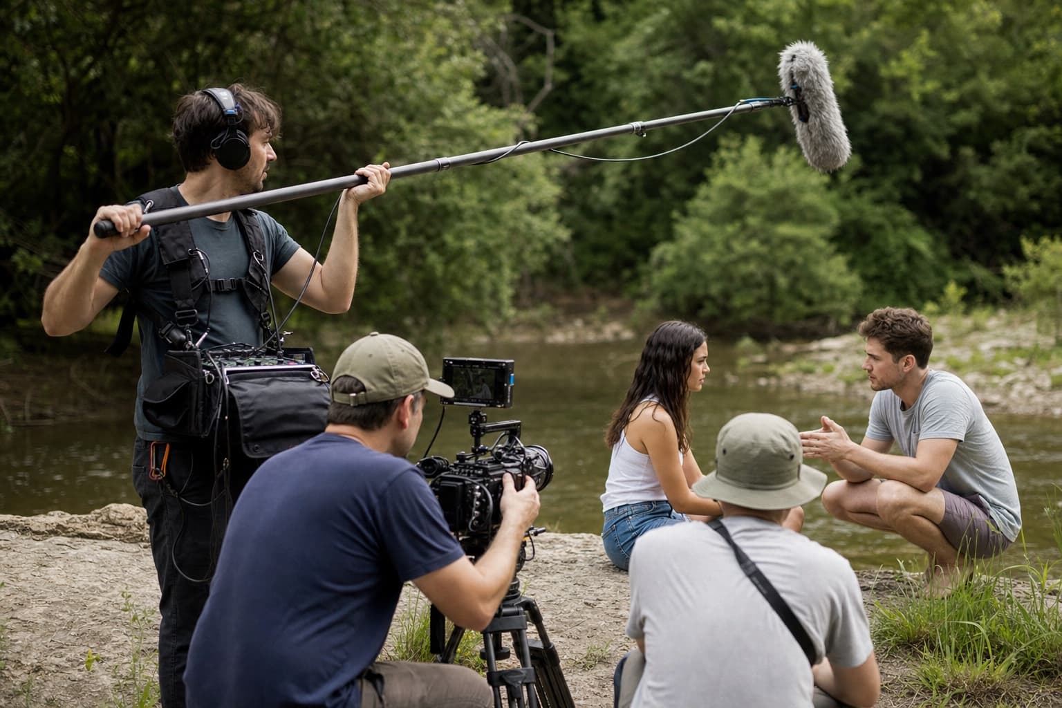 Sound recordist and crew capturing a scene on location