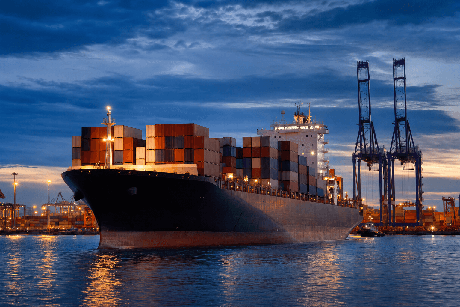 Large container ship moving through a commercial port at blue hour