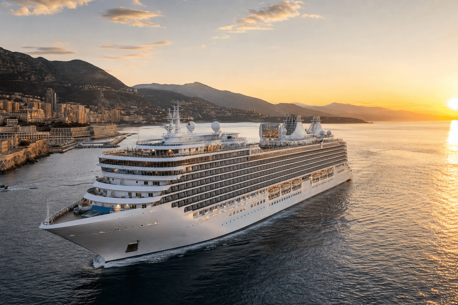 Luxury cruise ship arriving into a scenic harbour at sunrise