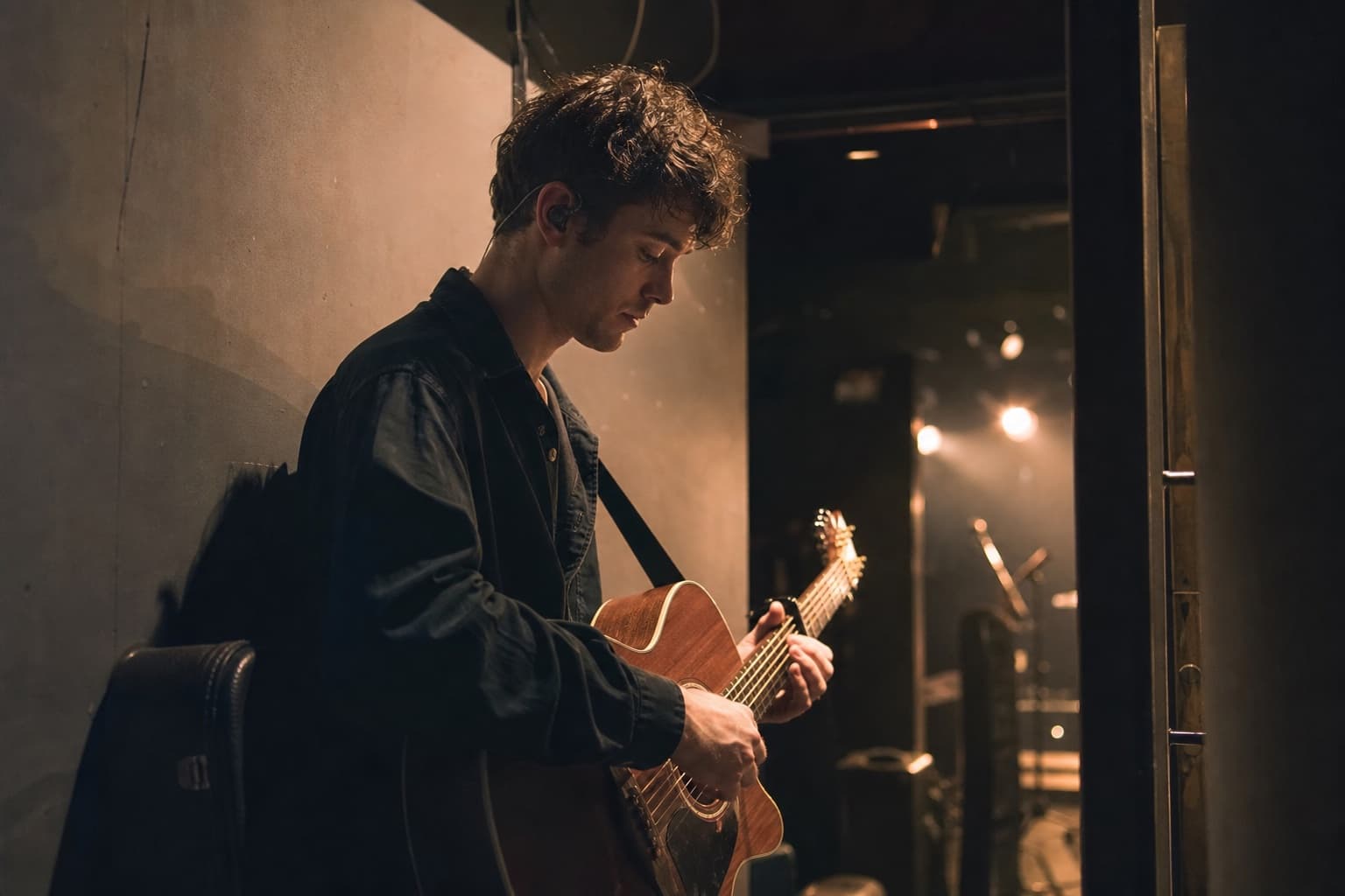 Musician preparing quietly backstage before a performance
