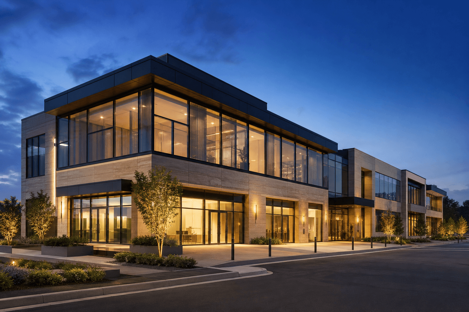 Contemporary commercial property exterior photographed at blue hour