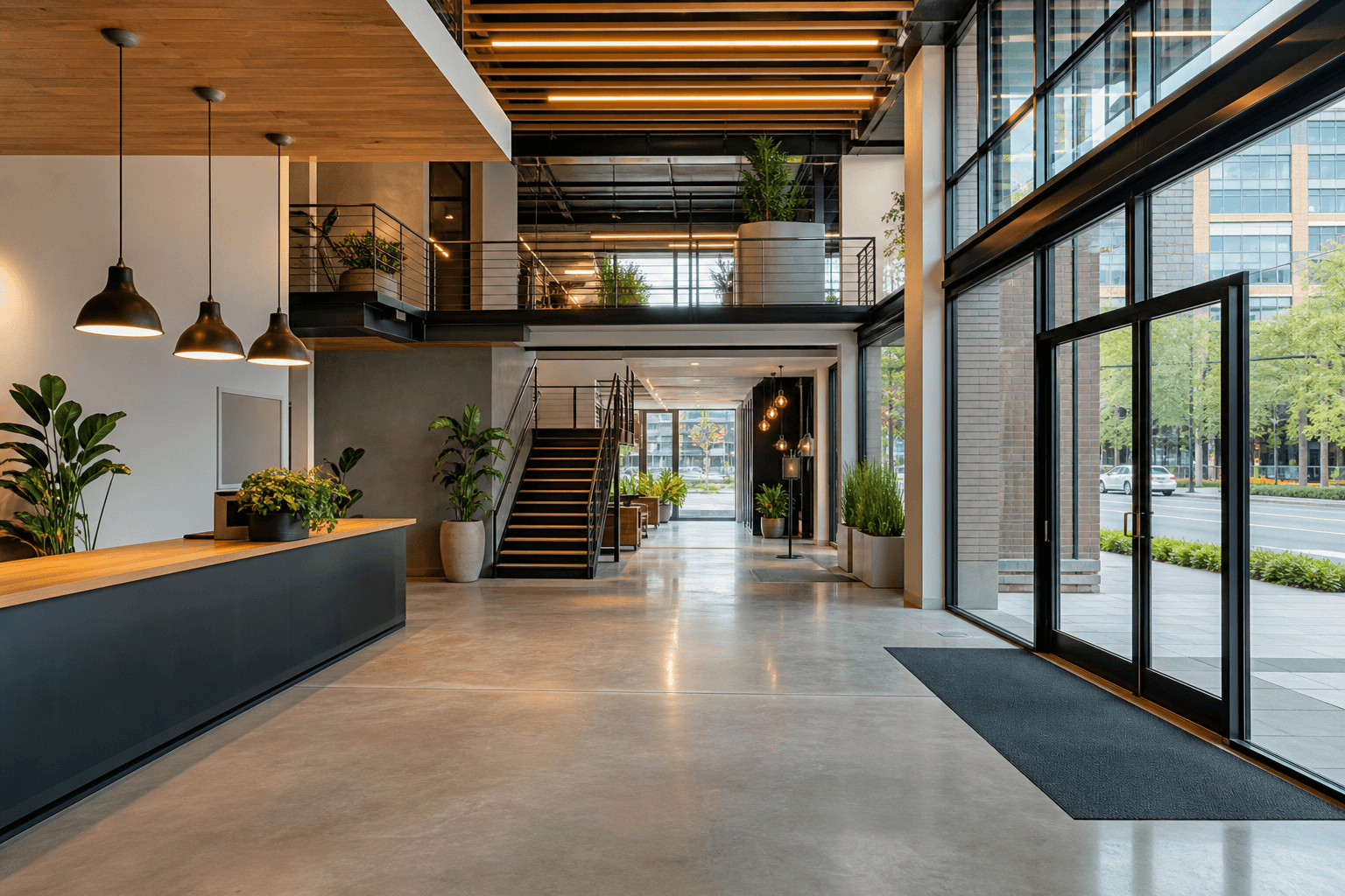 Modern commercial office reception and lobby with glass frontage