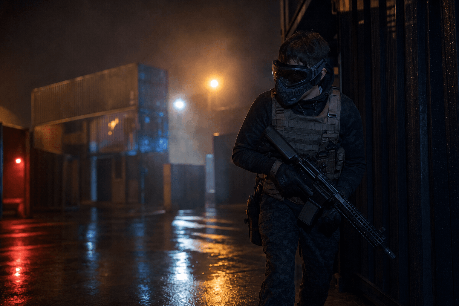 Airsoft player in protective gear moving through a low-light container arena