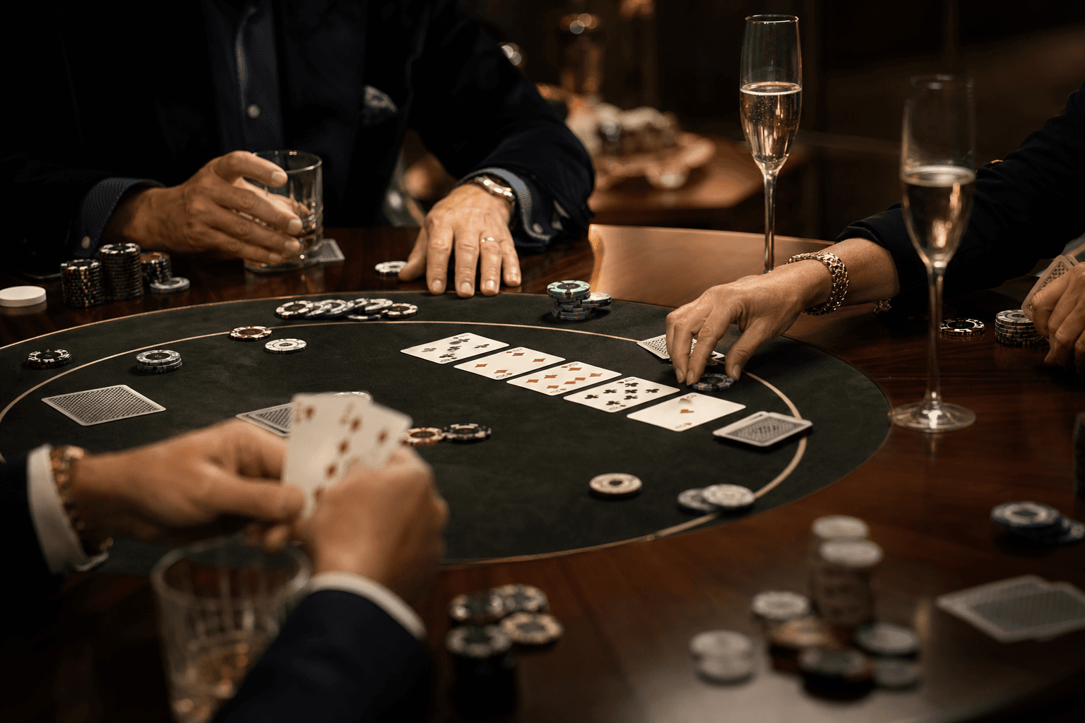Private poker table with cards, chips and champagne in a members club