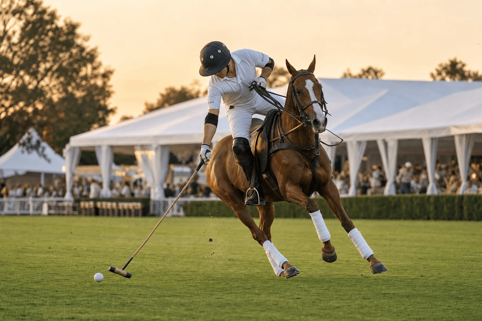 Polo player striking the ball at a golden-hour event