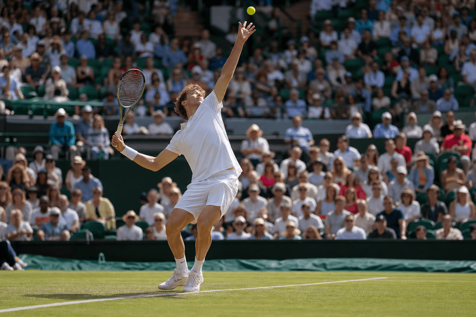 Tennis player serving on an elite grass court in summer