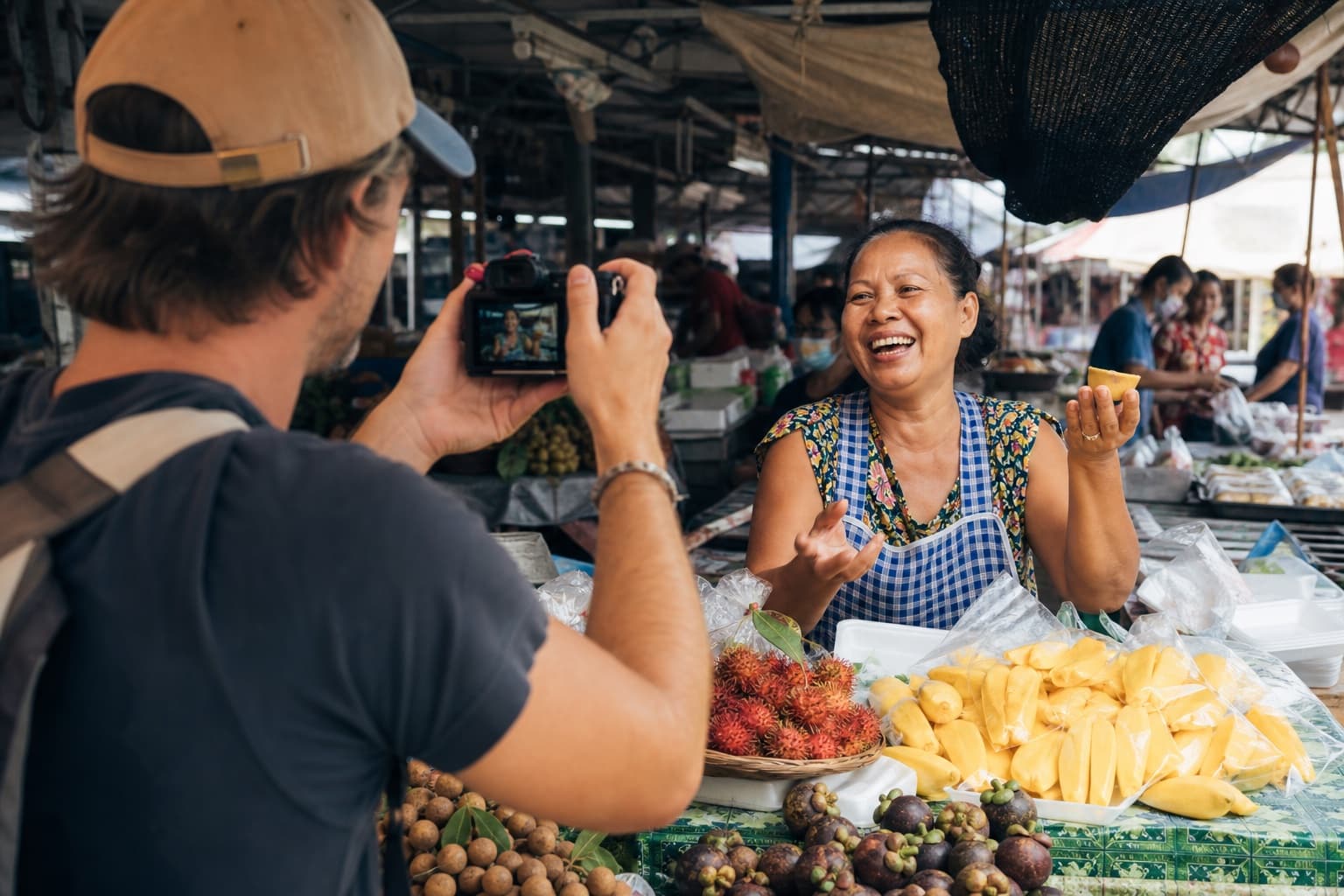 Creator filming a story inside a lively food market