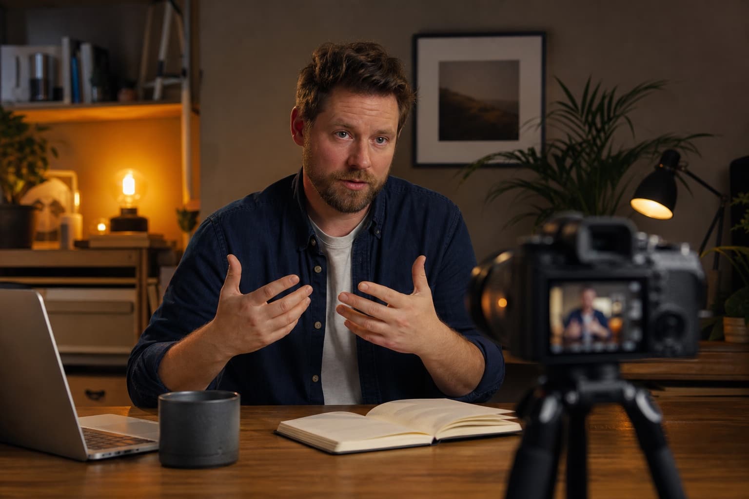 Creator recording a thoughtful piece to camera at a desk studio