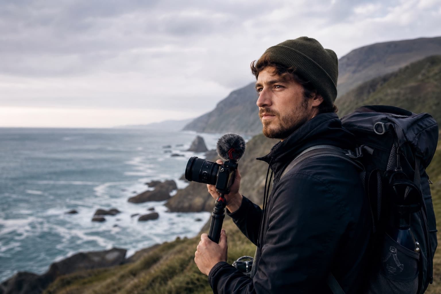 Creator recording a personal documentary beside a remote coast