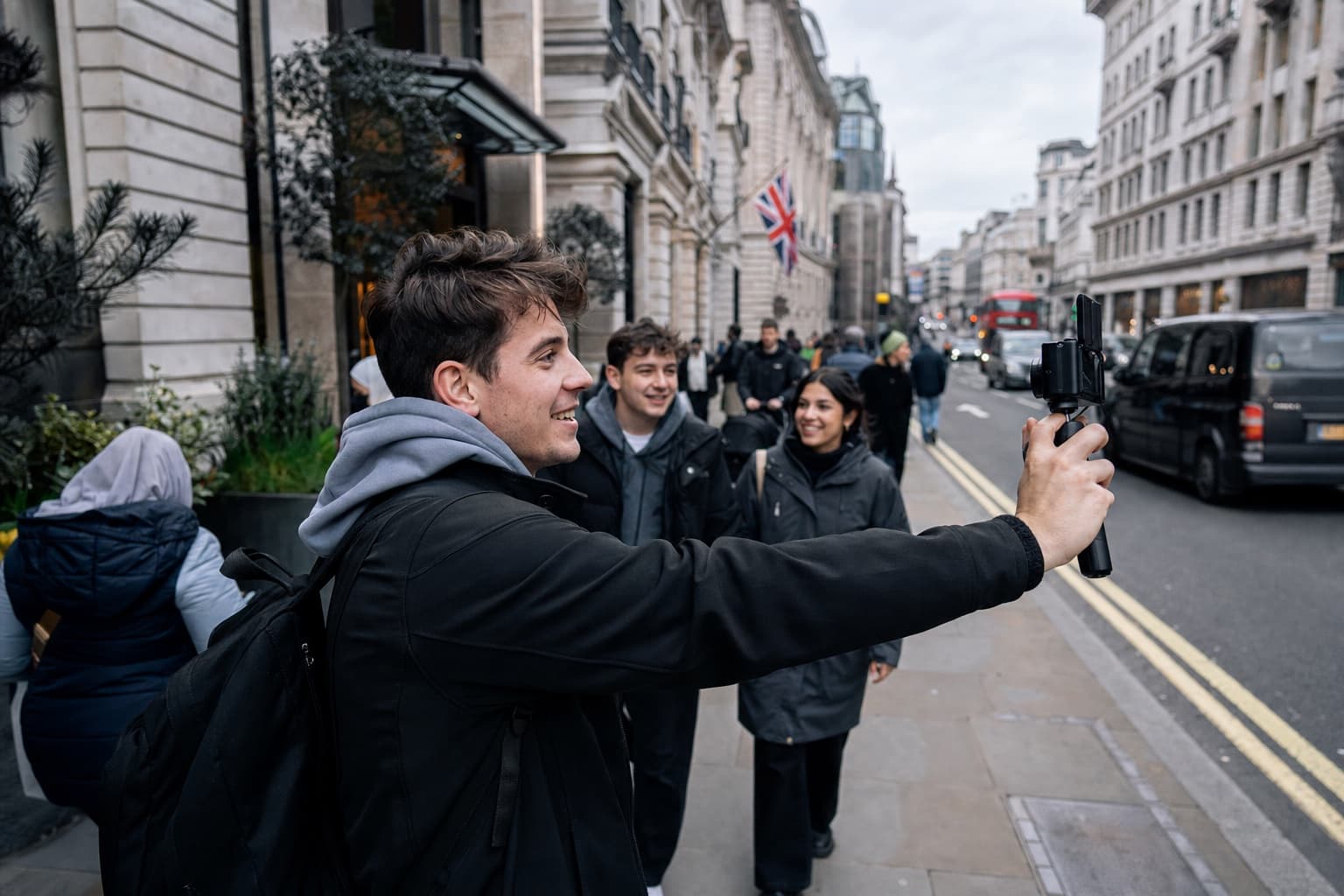 Creator filming an authentic walking story in a city street