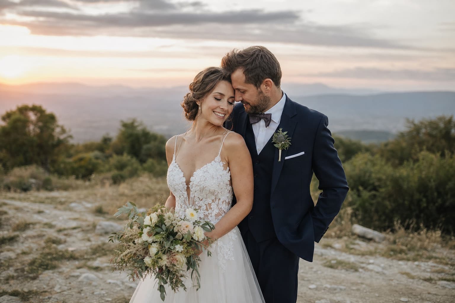 Couple photographed together in soft evening light