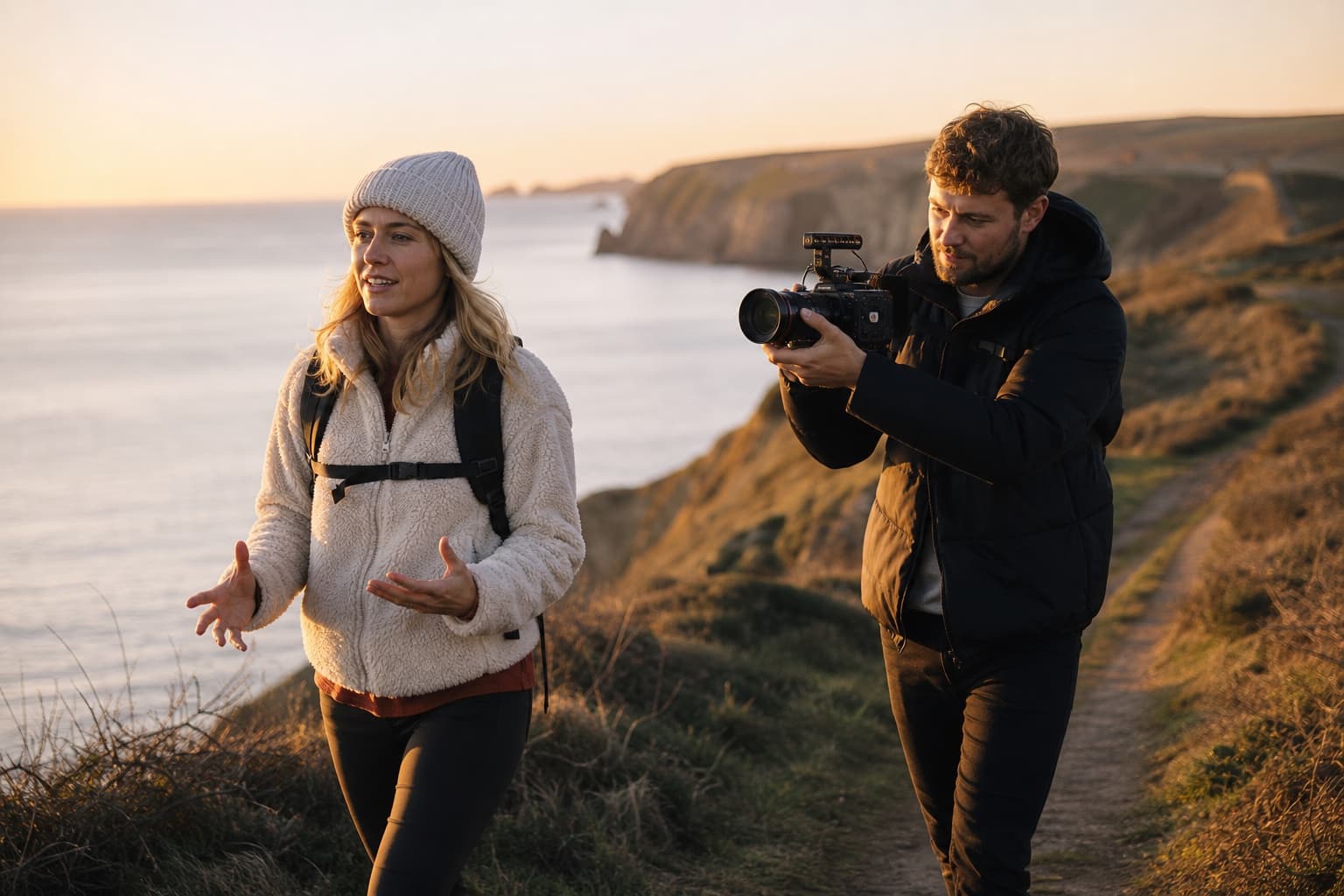 Presenter being filmed while walking along a coastal path